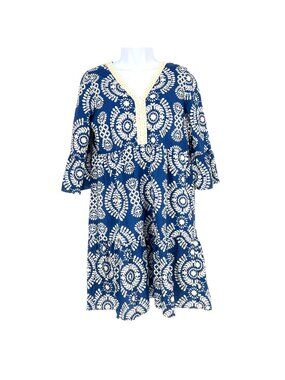 Saiph Lab Resortwear Santorini Cotton Bell Sleeve Dress Blue White Size Small